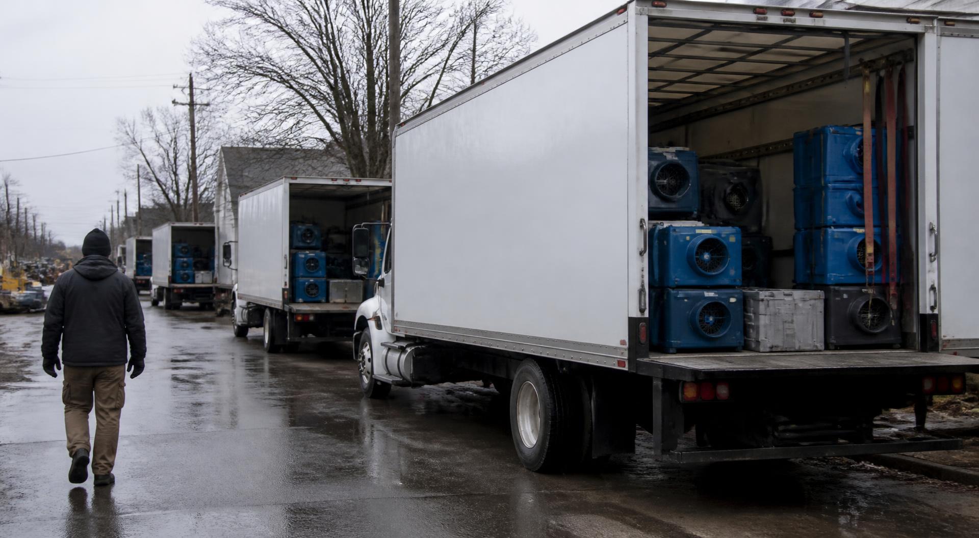 Disaster restoration contractor convoy staged at a highway rest area with box trucks, equipment trailers and generators under an overcast sky