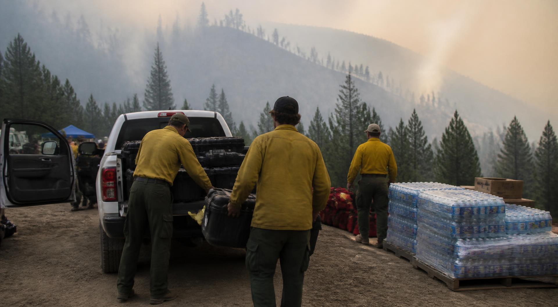 Wildland fire supply drop point with pallets and hard cases staged on dirt as yellow-shirted personnel load a pickup under a smoke-hazed ridge
