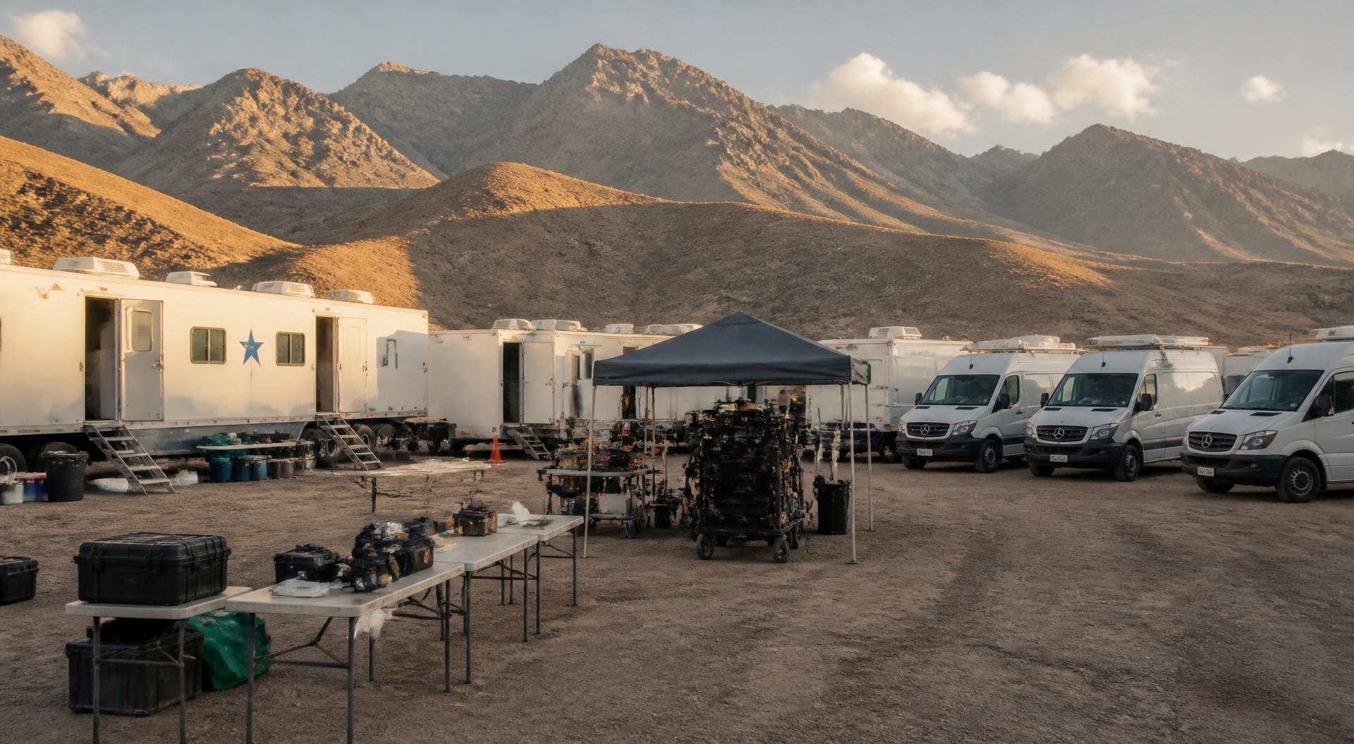 Film production basecamp in remote high desert with white trailers and sprinter vans in a horseshoe, equipment cases on folding tables and mountains behind at golden hour